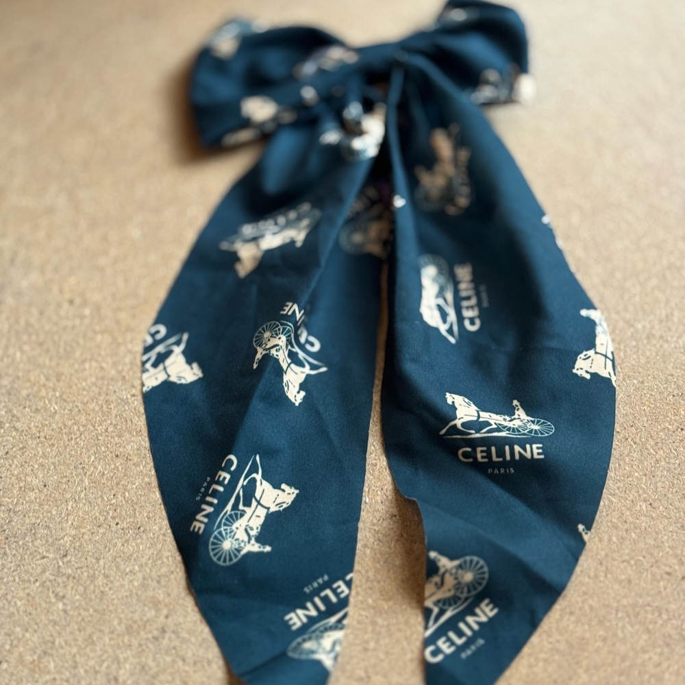 Upcycled Celine Dark Blue Scarf with Cream Hair Clip Accents